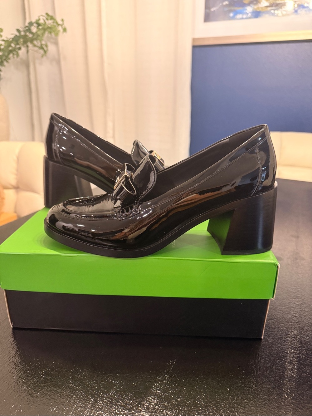 kate spade Black Patent Block Heel Loafers with Gold Buckle